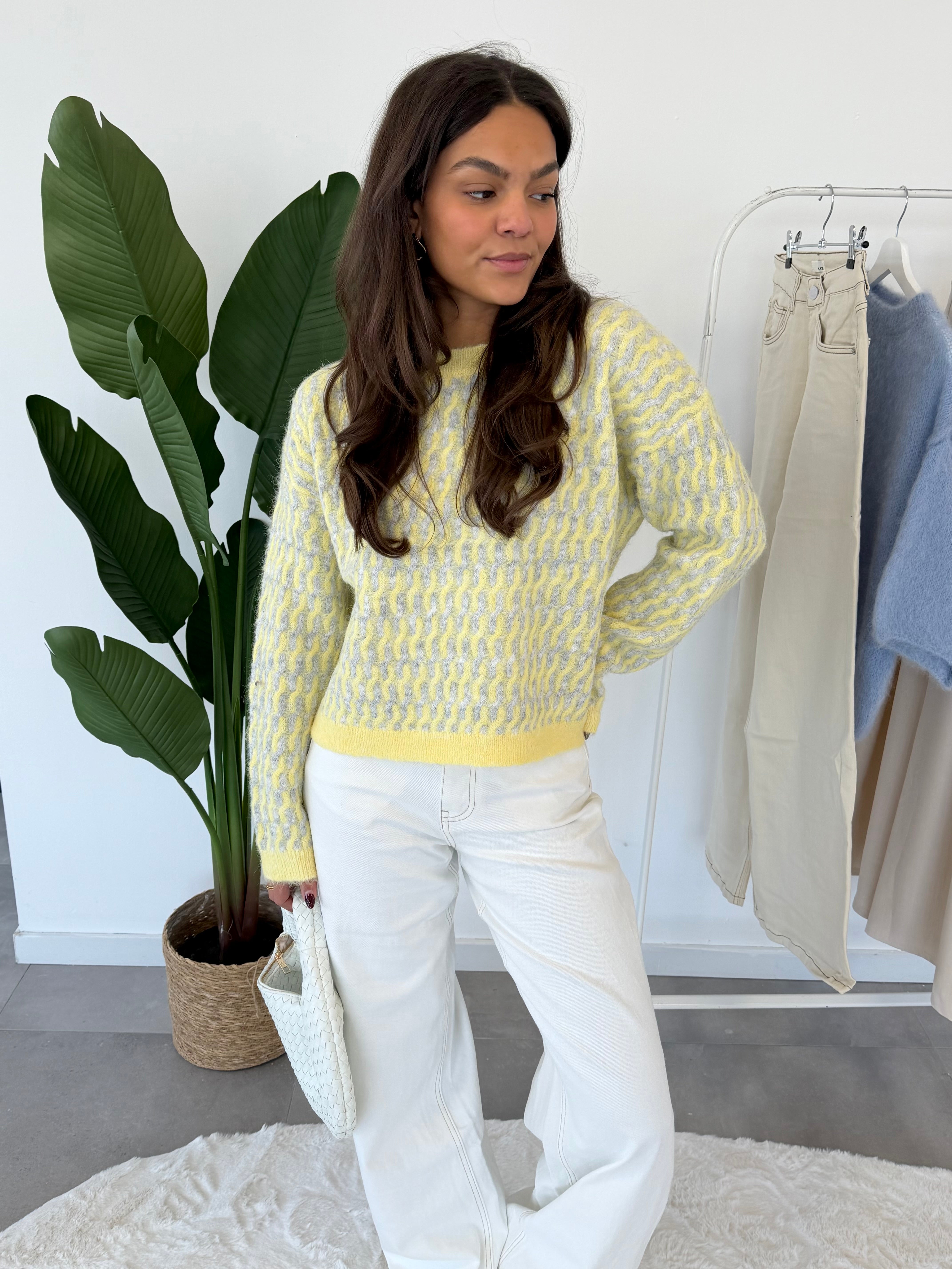 Marlo trui – gebreide dames trui met patroon in geel en grijs, voorkant gestyled